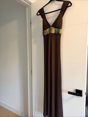 le chateau Brown Maxi Dress with Multicolor Beaded Waist